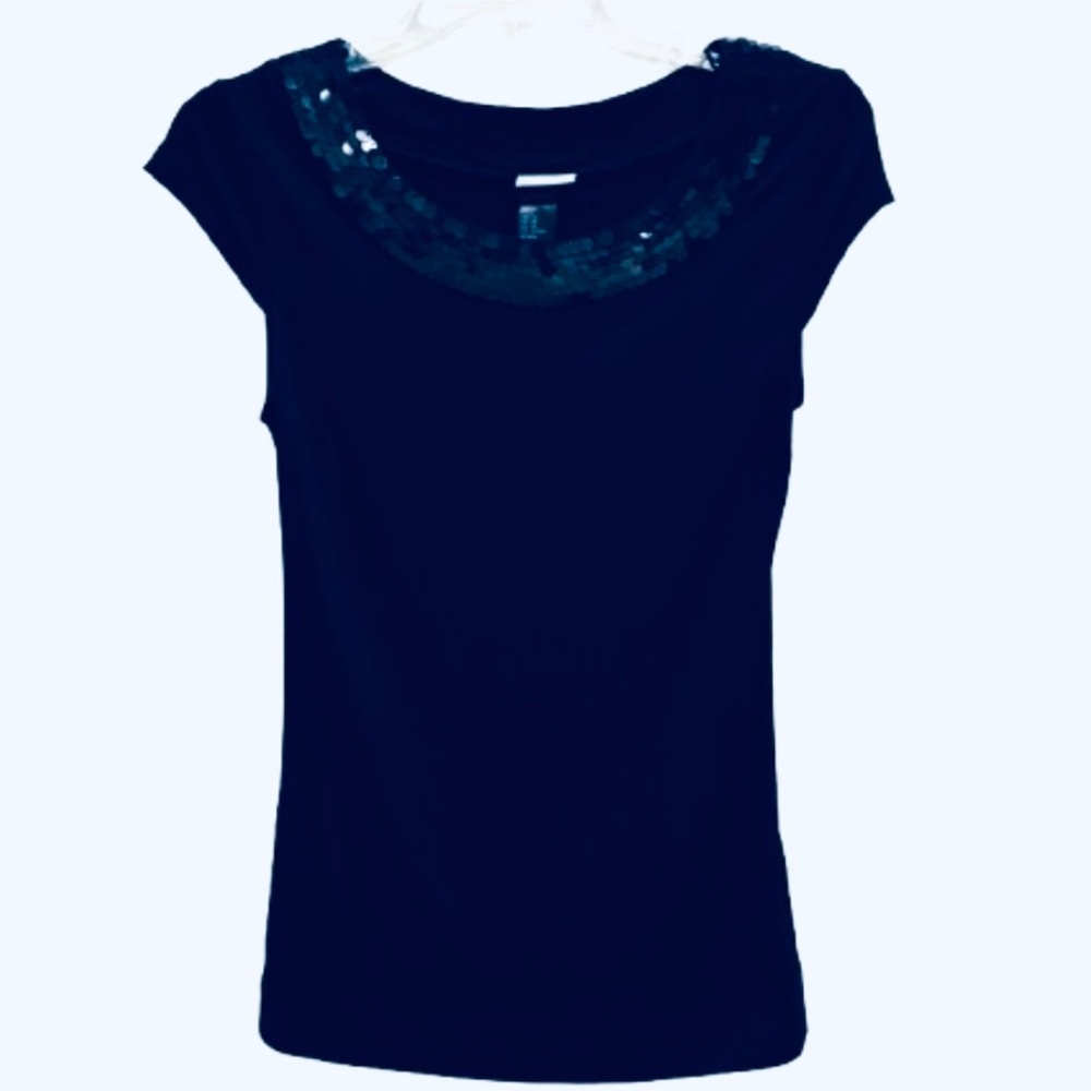 Sequin Trim-Neckline Capsleeve Shiry